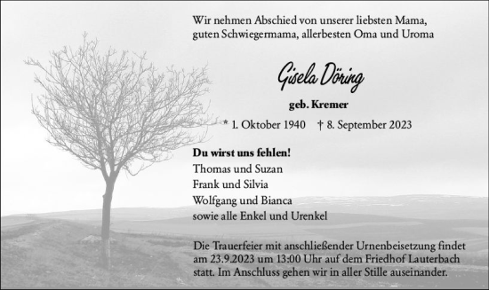 Traueranzeige von Gisela Döring von VRM Trauer