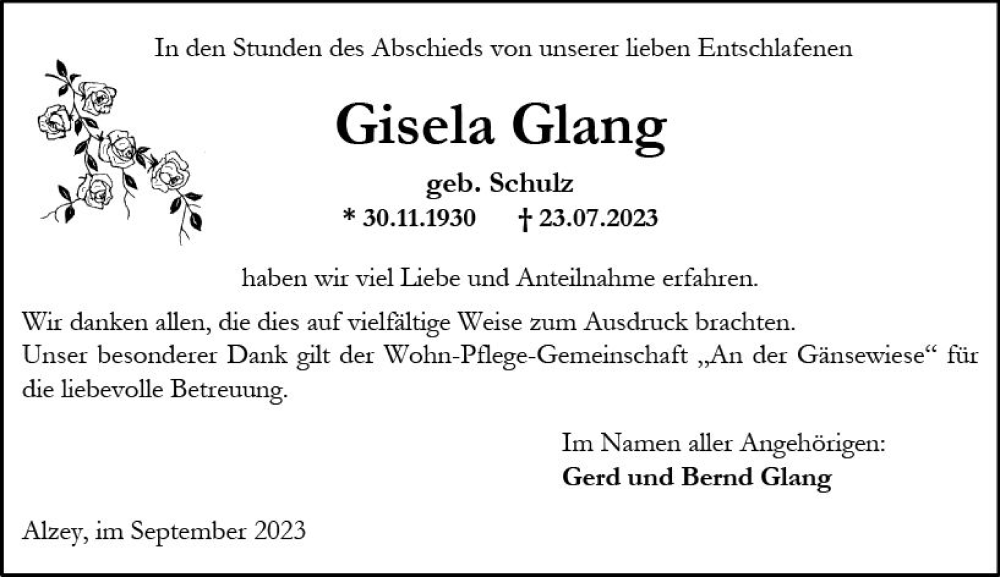  Traueranzeige für Gisela Glang vom 09.09.2023 aus Allgemeine Zeitung Alzey