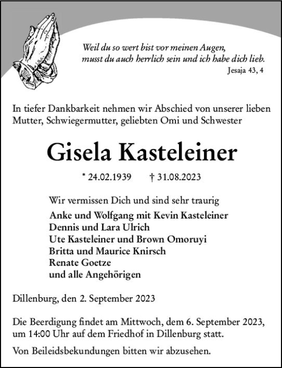 Traueranzeige von Gisela Kasteleiner von Dill Block