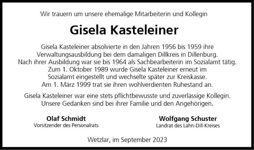  Traueranzeige für Gisela Kasteleiner vom 13.09.2023 aus Dill Block