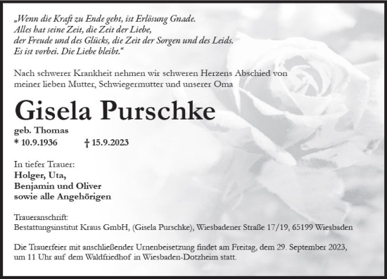 Traueranzeige von Gisela Purschke von Wiesbadener Kurier