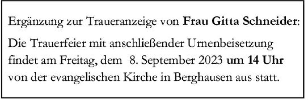  Traueranzeige für Gitta Schneider vom 07.09.2023 aus Wetzlarer Neue Zeitung
