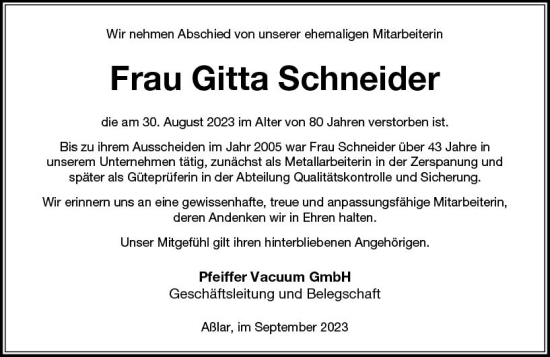 Traueranzeige von Gitta Schneider von Wetzlarer Neue Zeitung