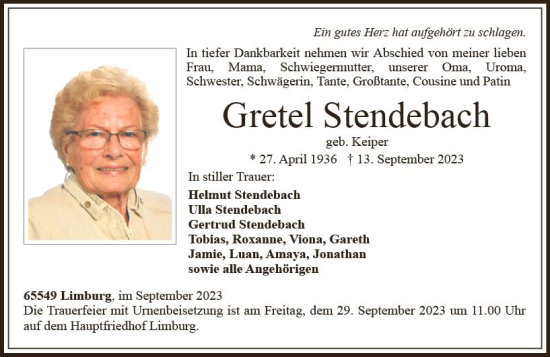 Traueranzeige von Gretel Stendebach von Nassauische Neue Presse