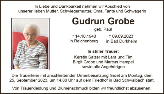 Traueranzeige von Gudrun Grobe von Idsteiner Land/Untertaunus
