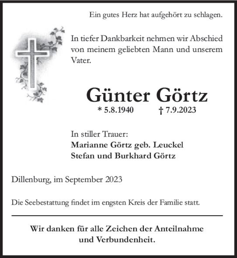  Traueranzeige für Günter Görtz vom 18.09.2023 aus Dill Block