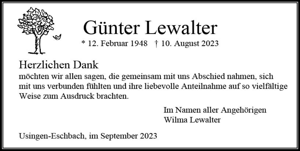  Traueranzeige für Günter Lewalter vom 16.09.2023 aus Weilburger Tageblatt