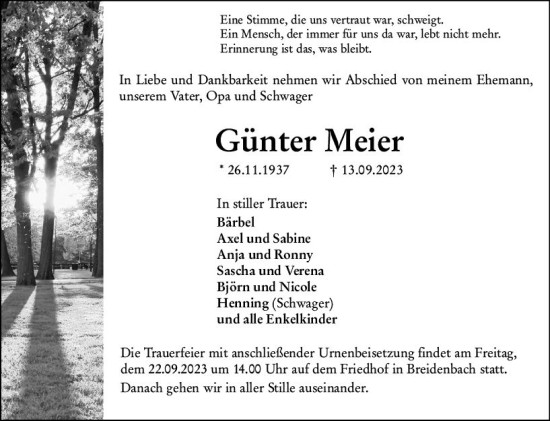 Traueranzeige von Günter Meier von Hinterländer Anzeiger