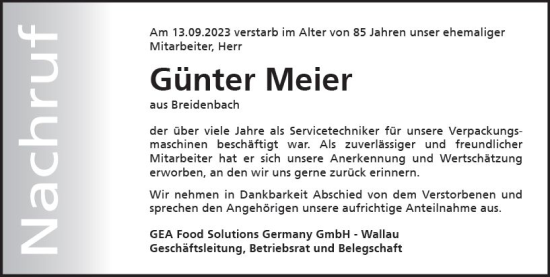 Traueranzeige von Günter Meier von Hinterländer Anzeiger