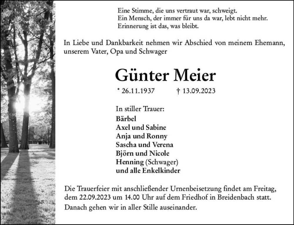  Traueranzeige für Günter Meier vom 20.09.2023 aus Hinterländer Anzeiger