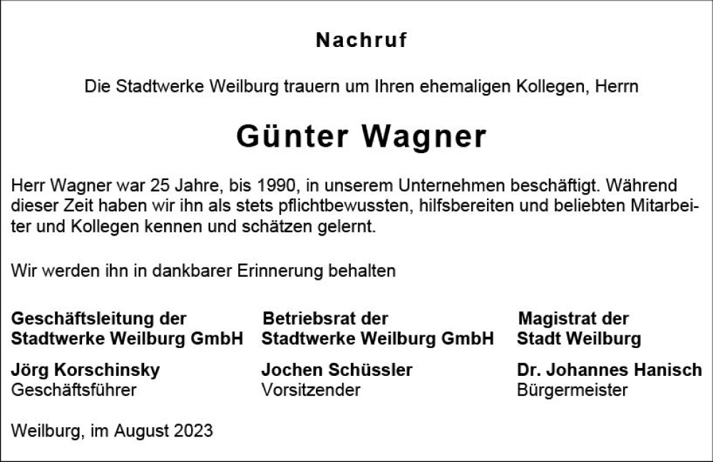  Traueranzeige für Günter Wagner vom 01.09.2023 aus Weilburger Tageblatt