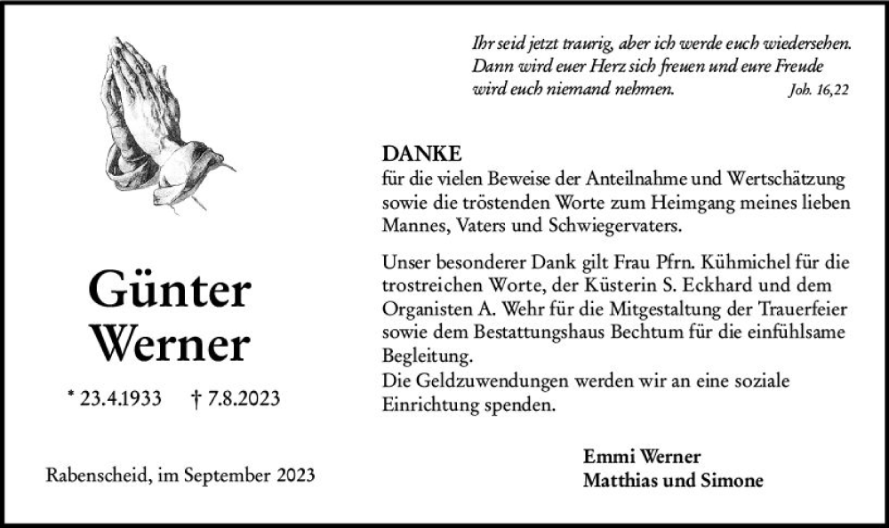  Traueranzeige für Günter Werner vom 23.09.2023 aus Dill Block