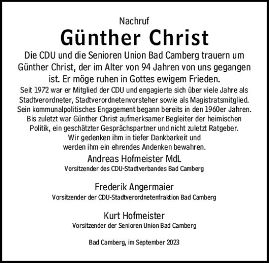 Traueranzeige von Günther Christ von Camberger Anzeiger