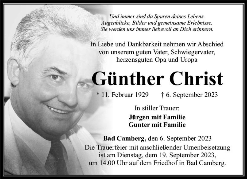  Traueranzeige für Günther Christ vom 14.09.2023 aus Nassauische Neue Presse