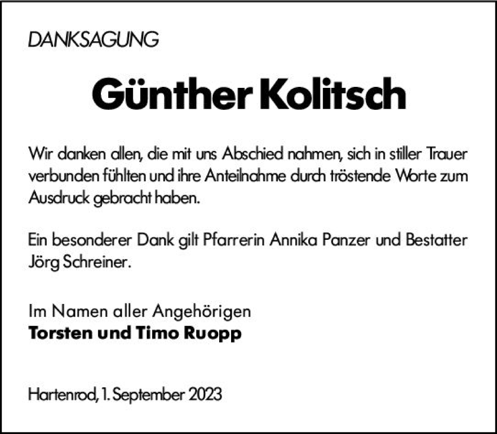  Traueranzeige für Günther Kolitsch vom 01.09.2023 aus Hinterländer Anzeiger