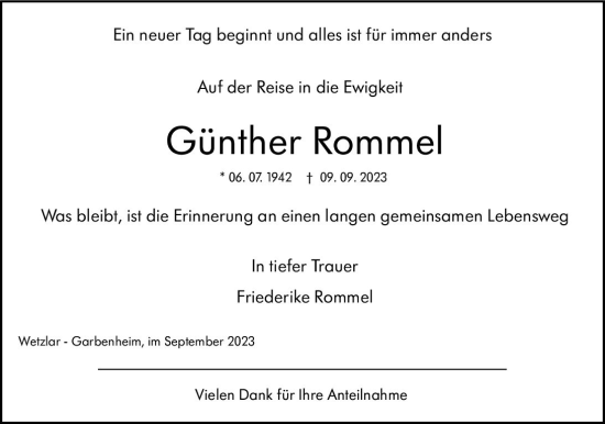 Traueranzeige von Günther Rommel von Wetzlarer Neue Zeitung