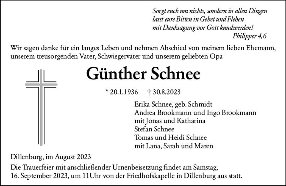  Traueranzeige für Günther Schnee vom 09.09.2023 aus Dill Block
