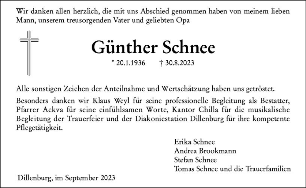  Traueranzeige für Günther Schnee vom 30.09.2023 aus Dill Block