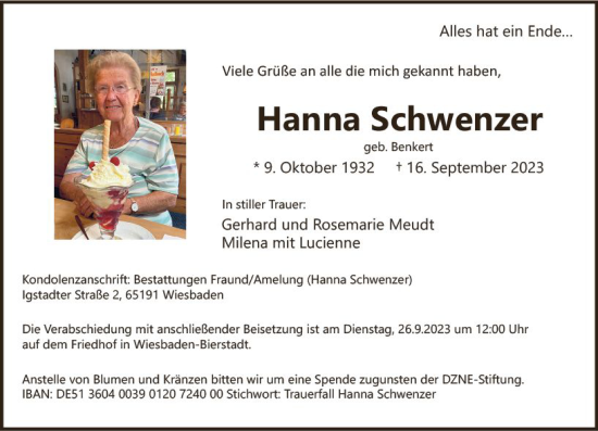 Traueranzeige von Hanna Schwenzer von Wiesbadener Kurier