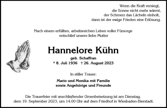 Traueranzeige von Hannelore Kühn von Wiesbadener Kurier