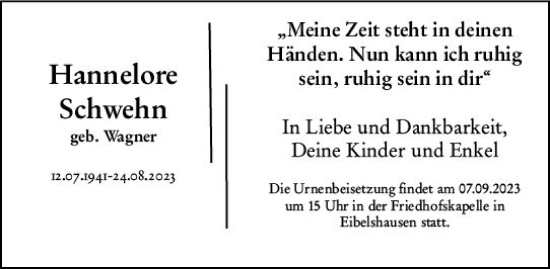 Traueranzeige von Hannelore Schwehn von Dill Block