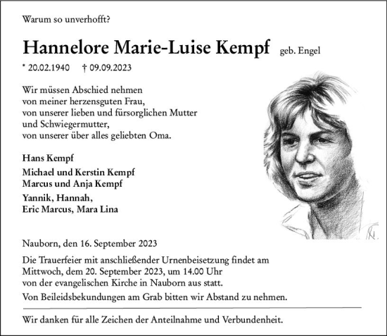 Traueranzeige von Hannelore Marie-Luise Kempf von Wetzlarer Neue Zeitung