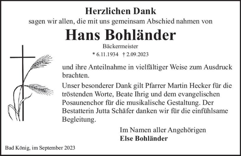  Traueranzeige für Hans Bohländer vom 30.09.2023 aus Odenwälder Echo