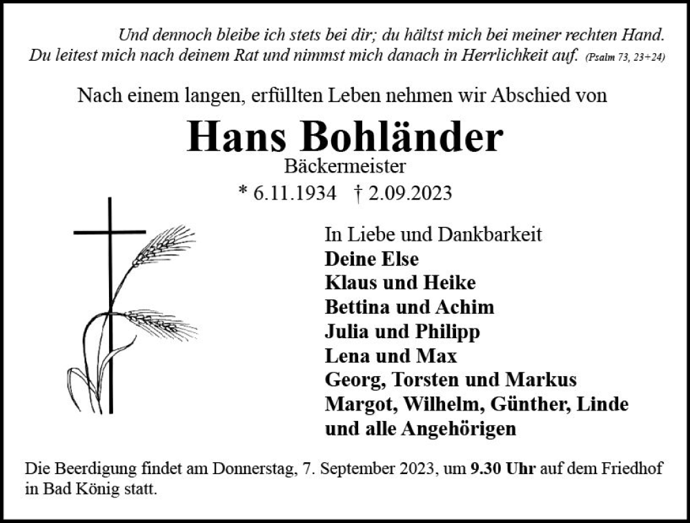  Traueranzeige für Hans Bohländer vom 05.09.2023 aus Odenwälder Echo
