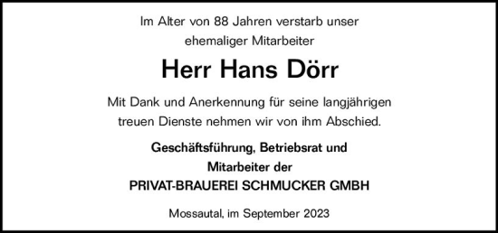 Traueranzeige von Hans Dörr von Odenwälder Echo