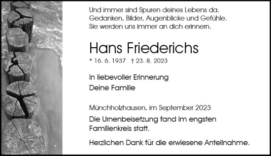 Traueranzeige von Hans Friederichs von Wetzlarer Neue Zeitung