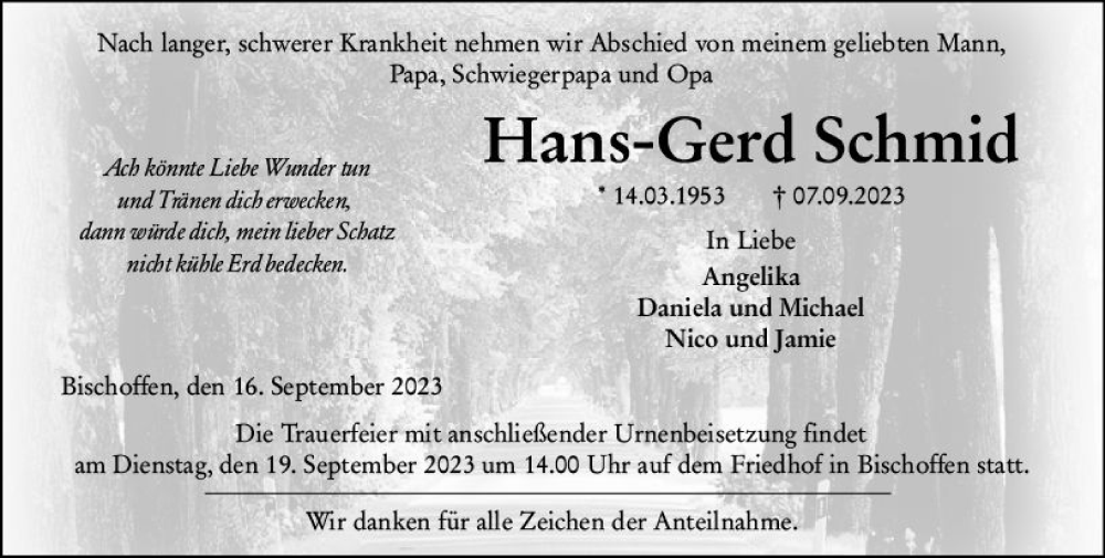  Traueranzeige für Hans-Gerd Schmid vom 16.09.2023 aus Dill Block