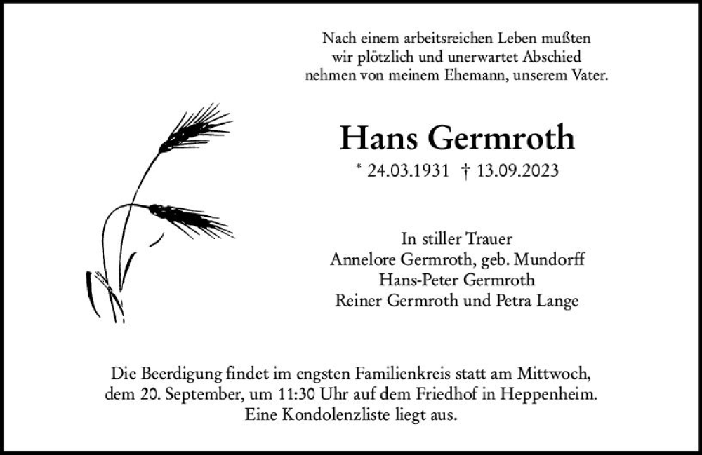  Traueranzeige für Hans Germroth vom 20.09.2023 aus Wormser Zeitung