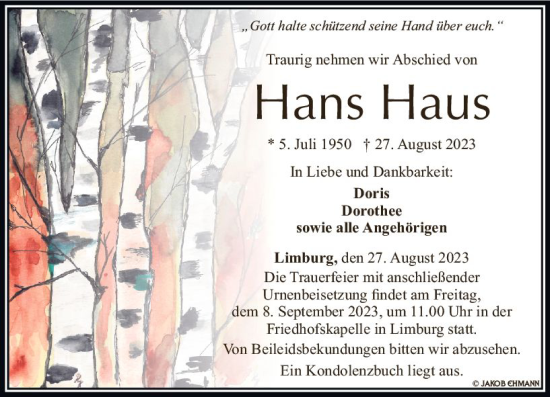 Traueranzeige von Hans Haus von Nassauische Neue Presse