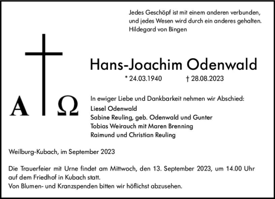 Traueranzeige von Hans-Joachim Odenwald von Weilburger Tageblatt