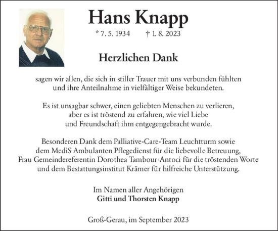 Traueranzeige von Hans Knapp von Groß-Gerauer Echo
