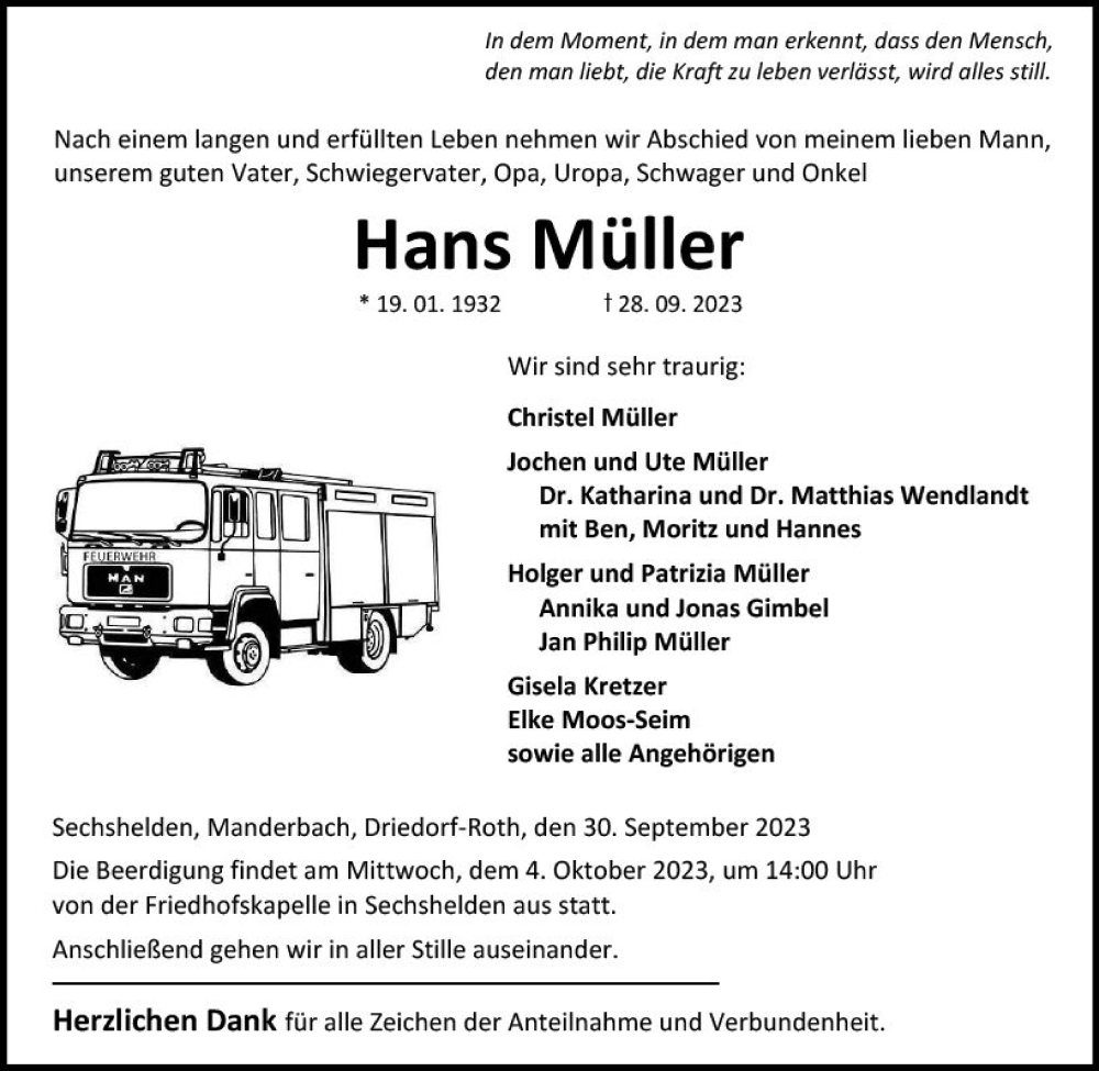  Traueranzeige für Hans Müller vom 30.09.2023 aus Dill Block