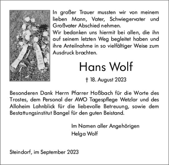 Traueranzeige von Hans Wolf von Wetzlarer Neue Zeitung