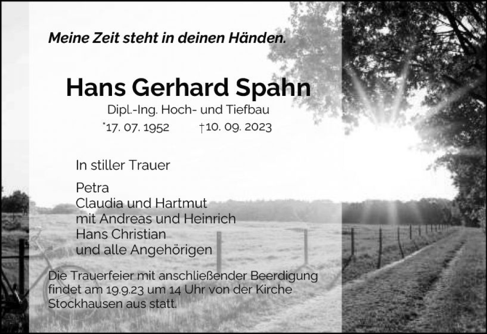  Traueranzeige für Hans Gerhard Spahn vom 16.09.2023 aus VRM Trauer