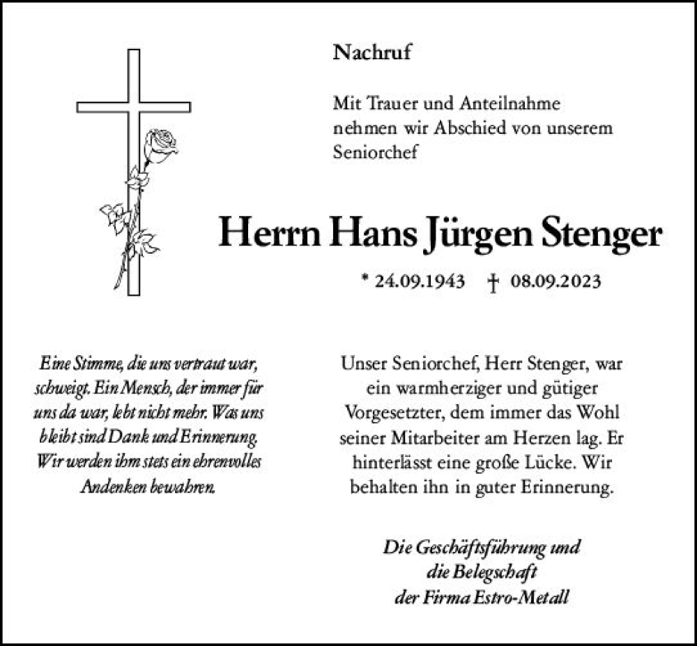  Traueranzeige für Hans Jürgen Stenger vom 13.09.2023 aus Dill Block