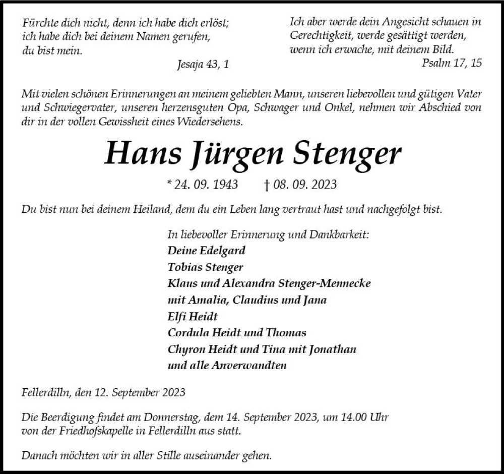  Traueranzeige für Hans Jürgen Stenger vom 12.09.2023 aus Dill Block
