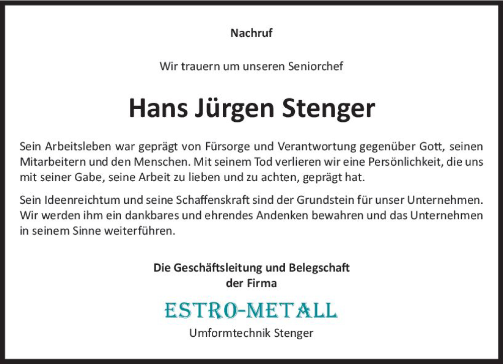  Traueranzeige für Hans Jürgen Stenger vom 16.09.2023 aus Dill Block