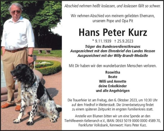 Traueranzeige von Hans Peter Kurz von Darmstädter Echo