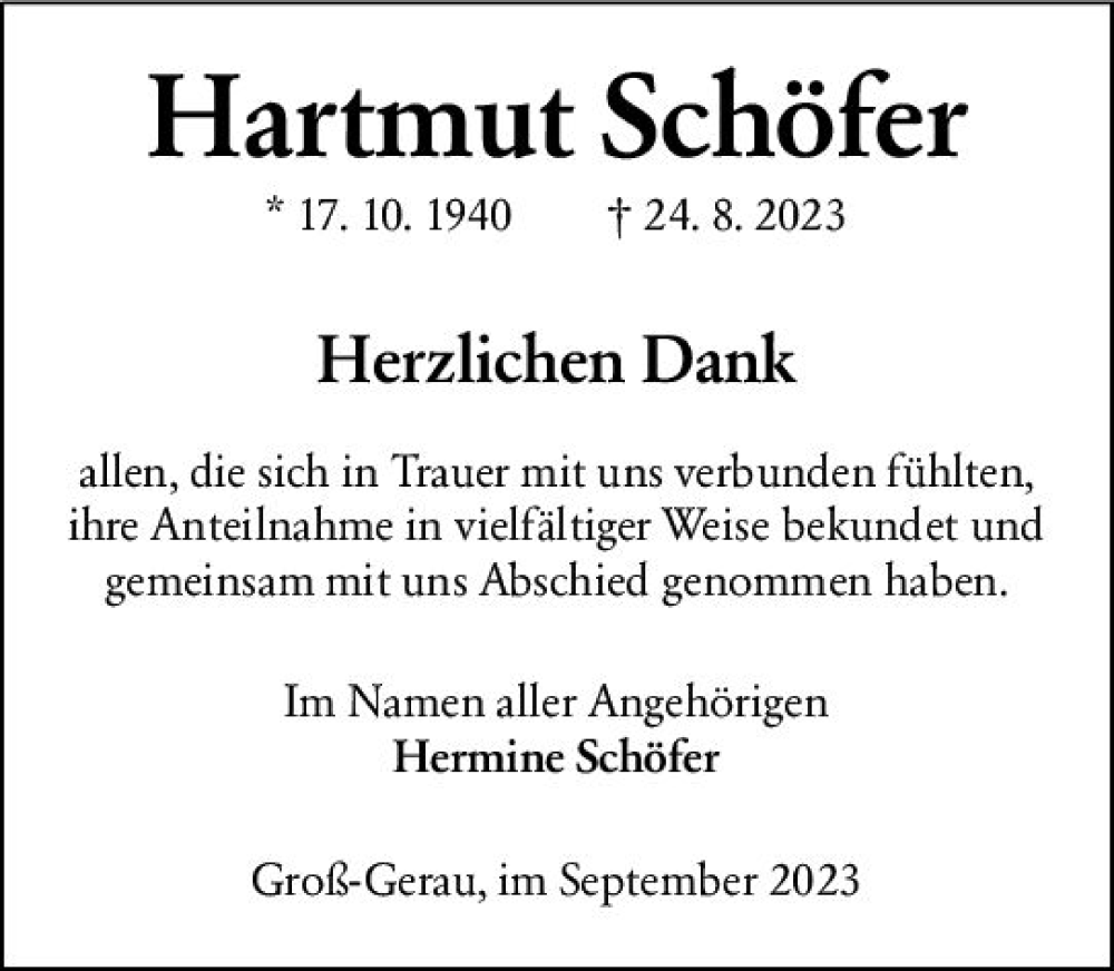  Traueranzeige für Hartmut Schäfer vom 23.09.2023 aus Groß-Gerauer Echo