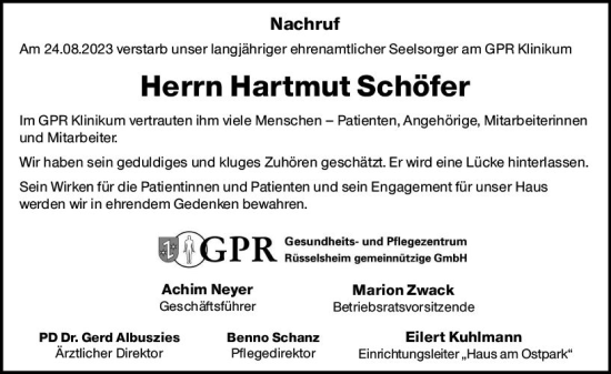 Traueranzeige von Hartmut Schöfer von Rüsselsheimer Echo