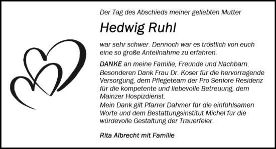 Traueranzeige von Hedwig Ruhl von Allgemeine Zeitung Mainz