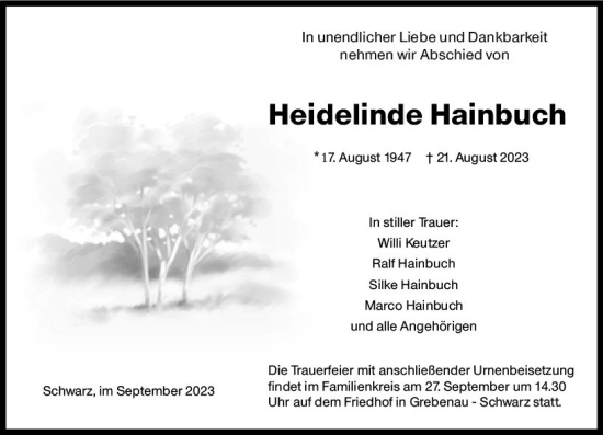 Traueranzeige von Heidelinde Hainbuch von Oberhessen Kurier