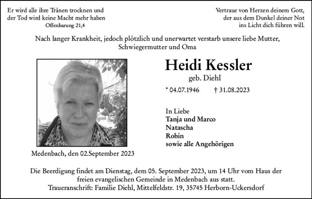  Traueranzeige für Heidi Kessler vom 02.09.2023 aus Dill Block