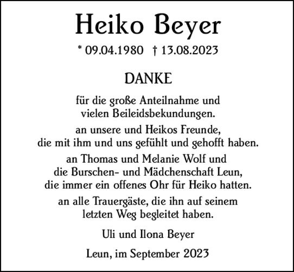  Traueranzeige für Heiko Beyer vom 12.09.2023 aus Wetzlarer Neue Zeitung