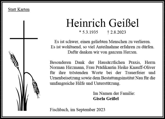 Traueranzeige von Heinrich Geißel von Oberhessen Kurier