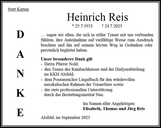 Traueranzeige von Heinrich Reis von Oberhessen Kurier